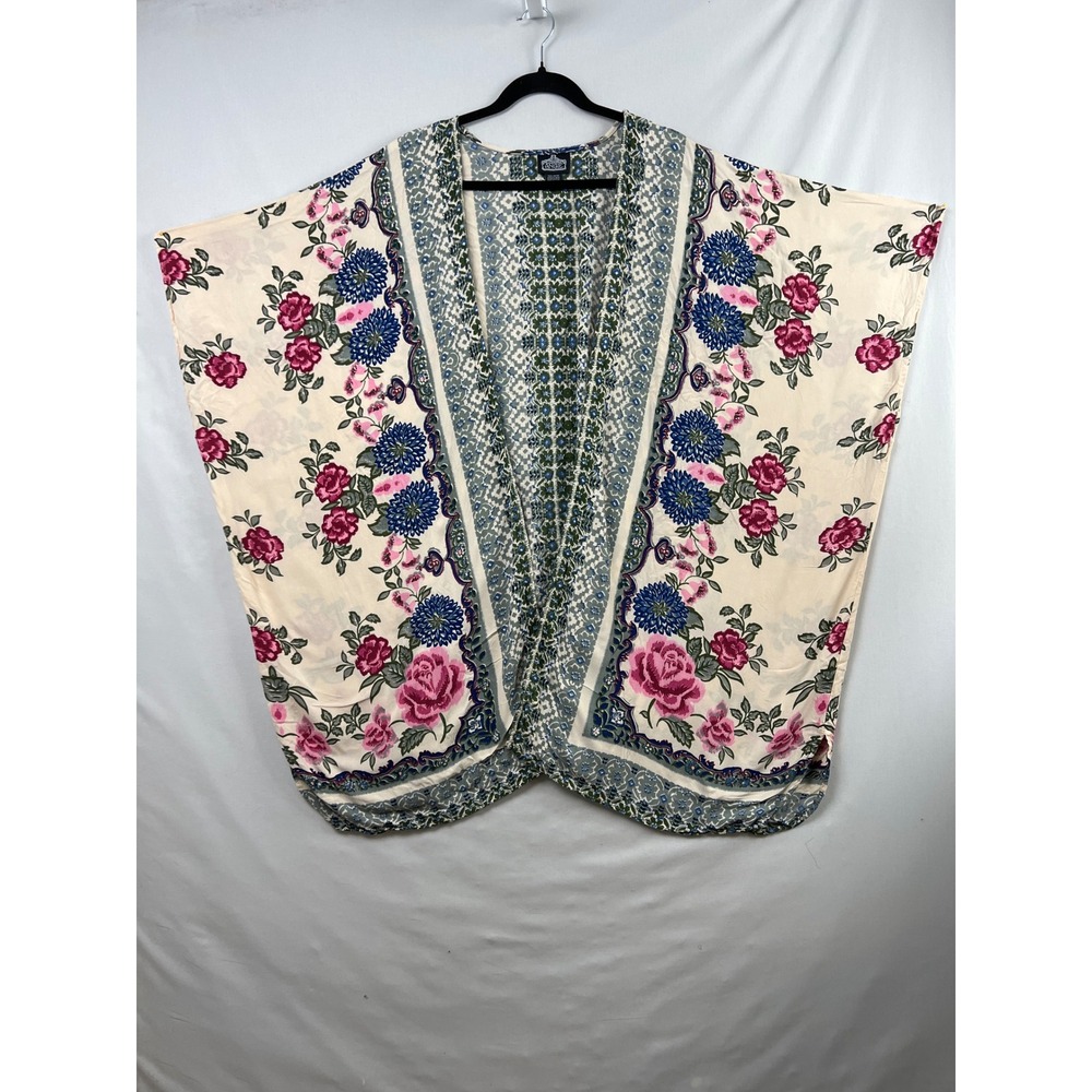 Angie Kimono Wrap Womens 1X-3X Cream Pink Blue Floral Rayon Open Front Topper